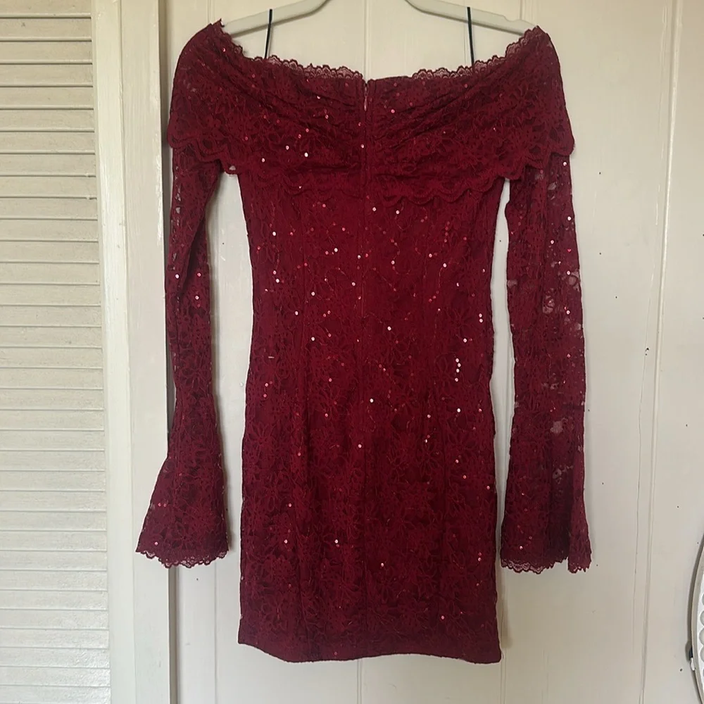 Burgundy Lace Off-Shoulder Sequin Mini Dress NWT - Picture 4 of 4